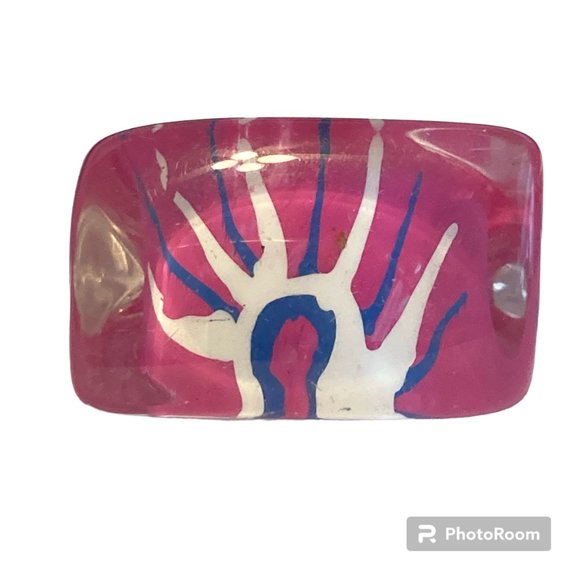 Vintage Lucite Acrylic Ring Size 6 Retro Abstract Hand Painted Pink Blue White - Picture 1 of 12